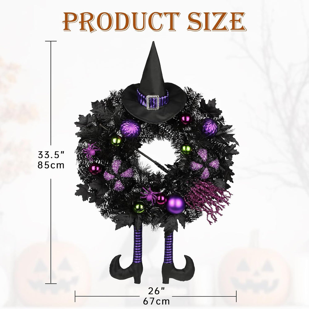 Halloween Wreath for Front Door 26" Tinsel Black Witch Wreath with Hat L...