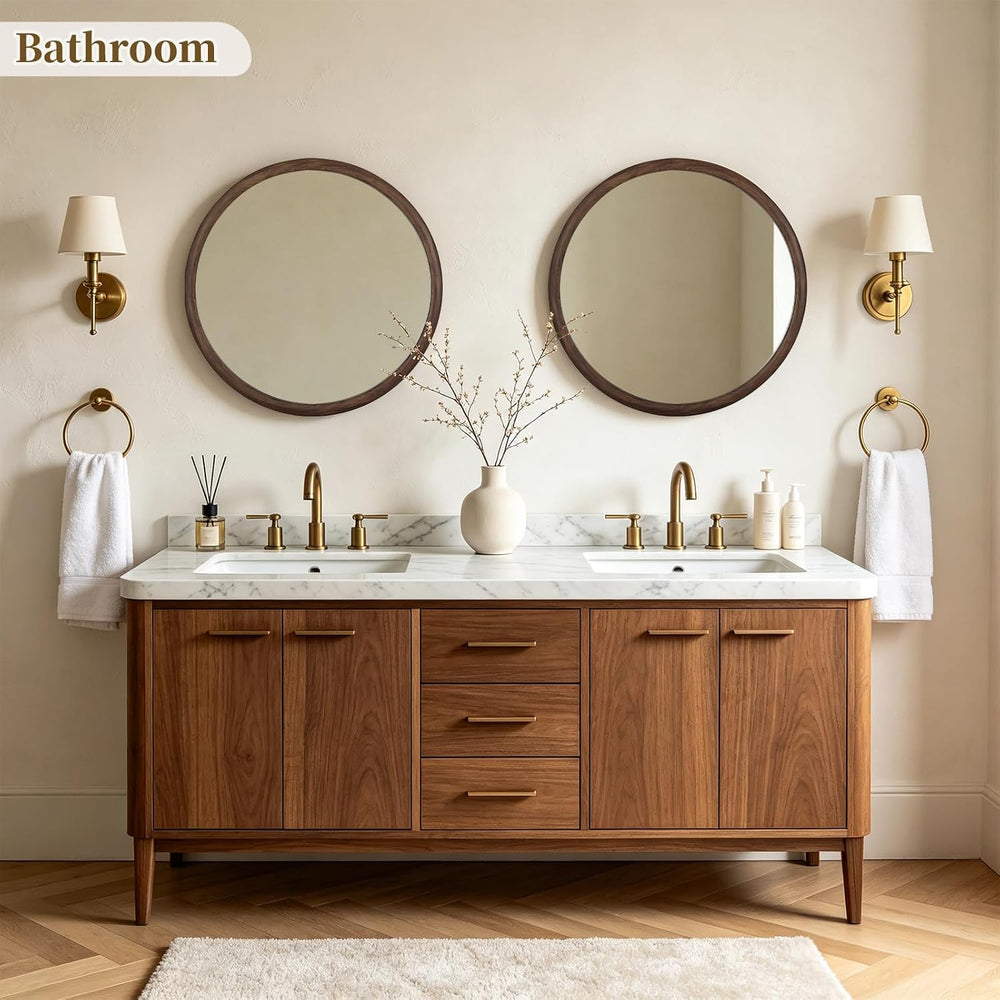 HOMECOOKIN 28 Inch Round Mirror, Farmhouse Wood Grain Framed Wall Mirror, Cir...