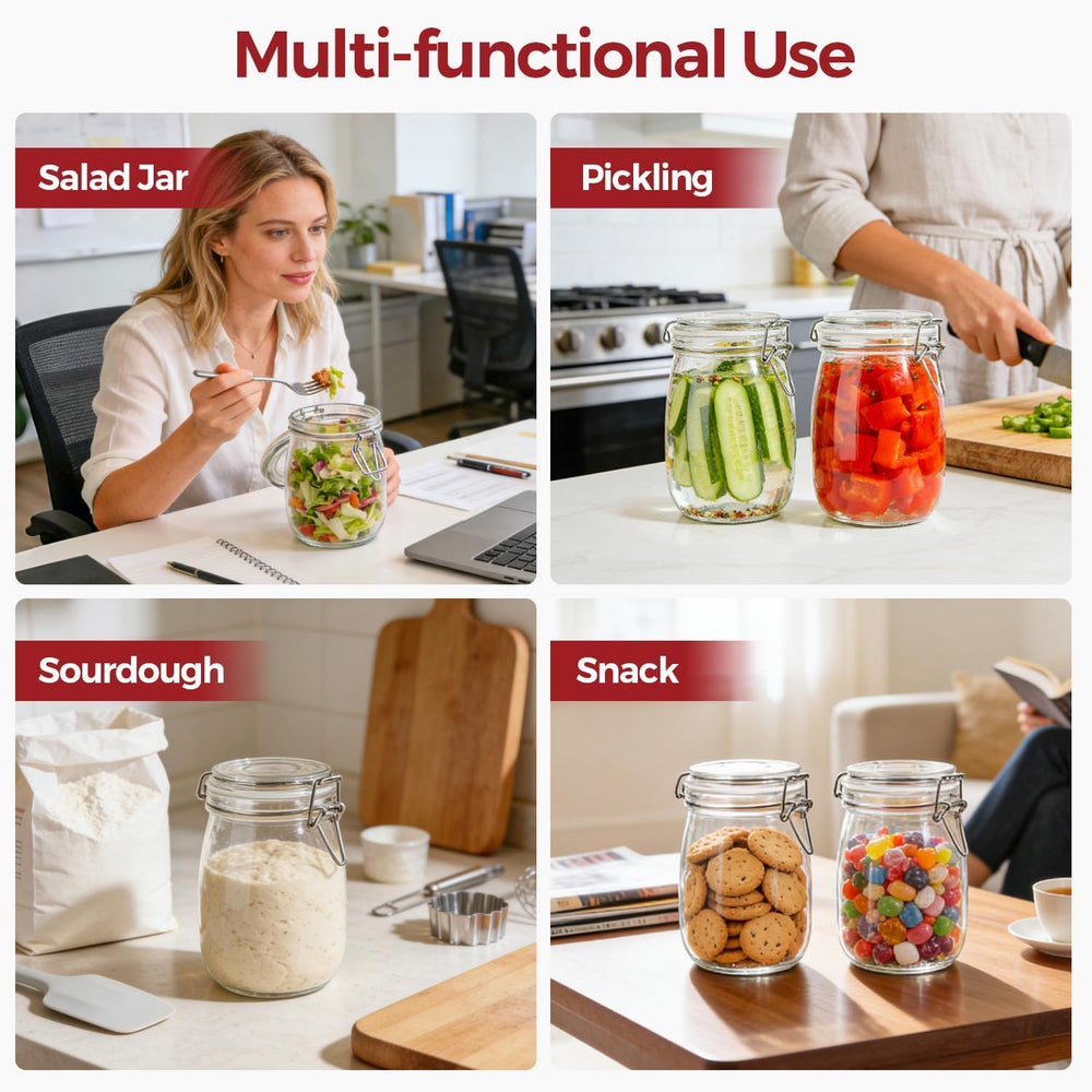 Glass Jars with Airtight Lids 34 oz 6 Pack Food Storage Pantry Round