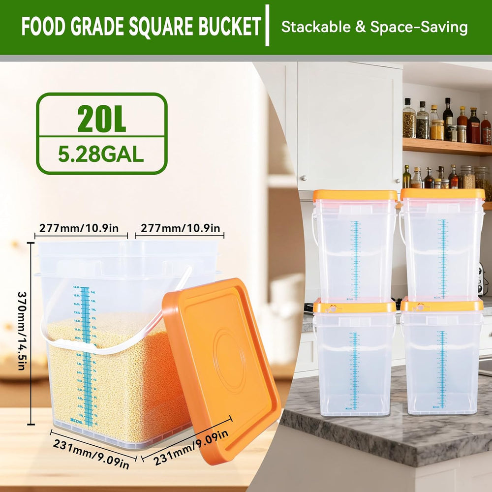 5 Pack 5 Gallon Square Plastic Bucket with Lids and Graduation Marks, Food Gr...