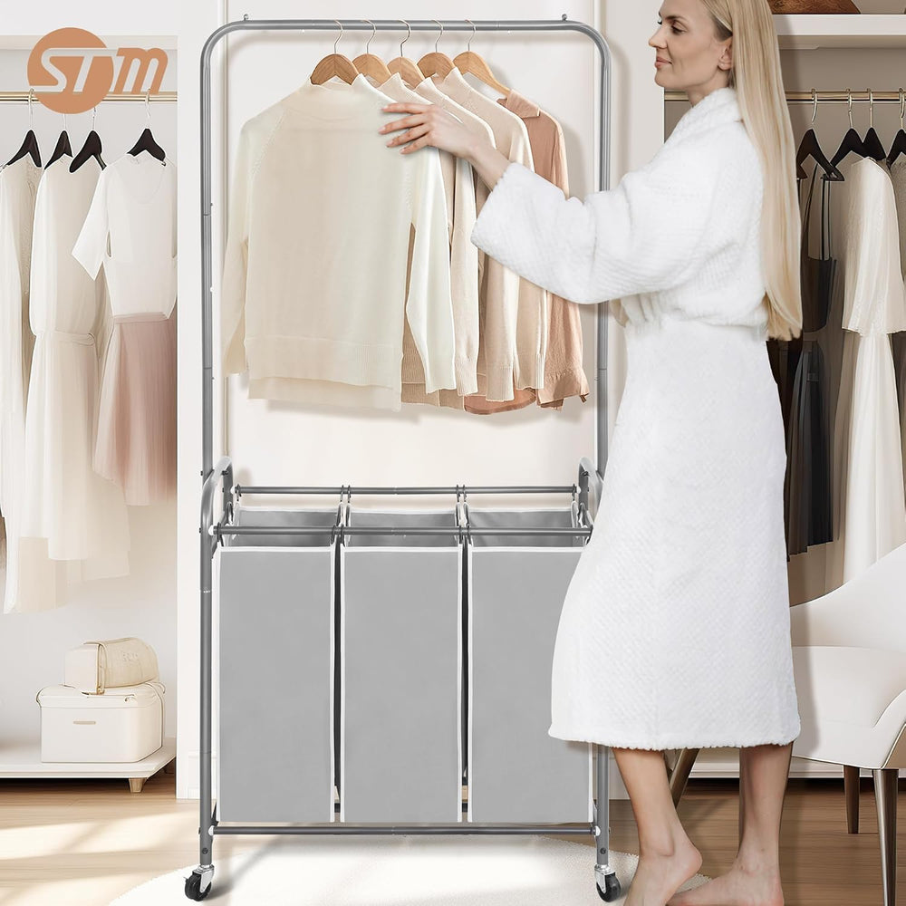 STORAGE MANIAC 136L Laundry Sorter with Hanging Bar, Portable, Removable Laun...