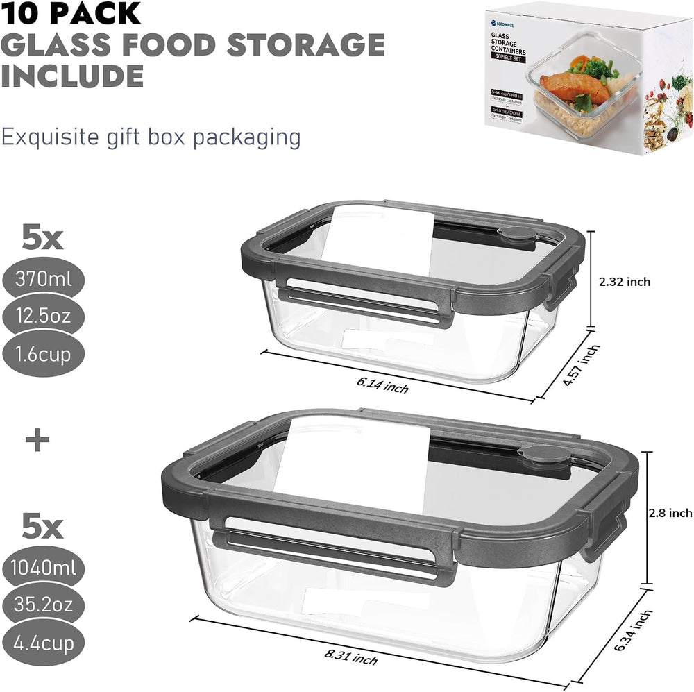 10-Pack Glass Food Storage Containers with Tempered Glass Lids – Borosilicate...
