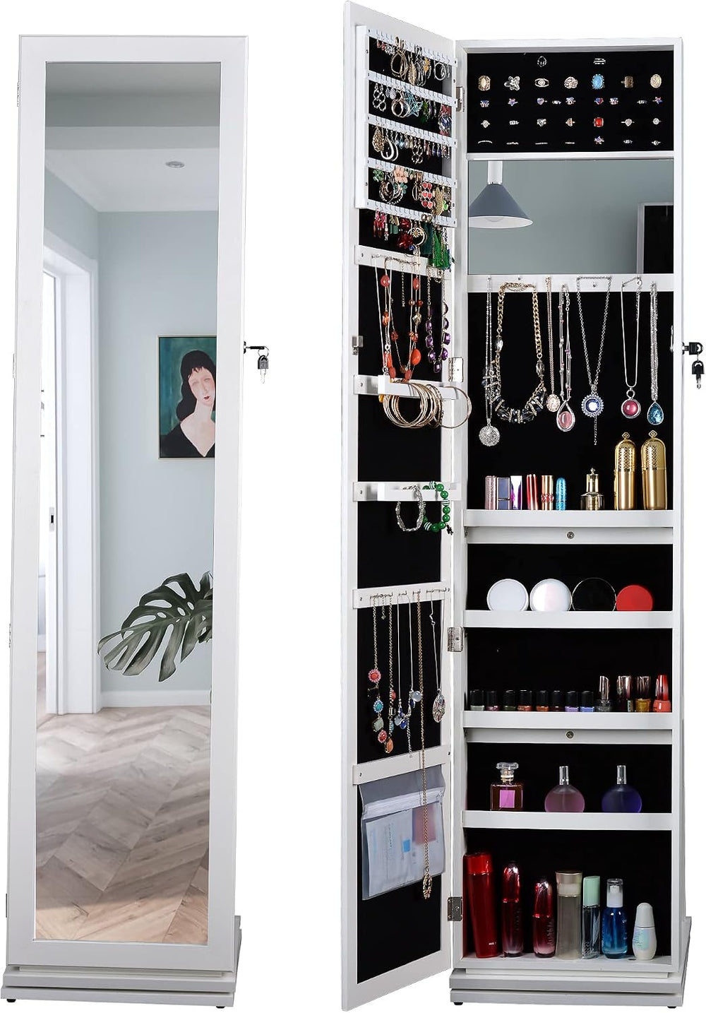 360ยฐ Swivel Jewelry Armoire with Full-Length Mirror, Lockable Standing Jewelr...