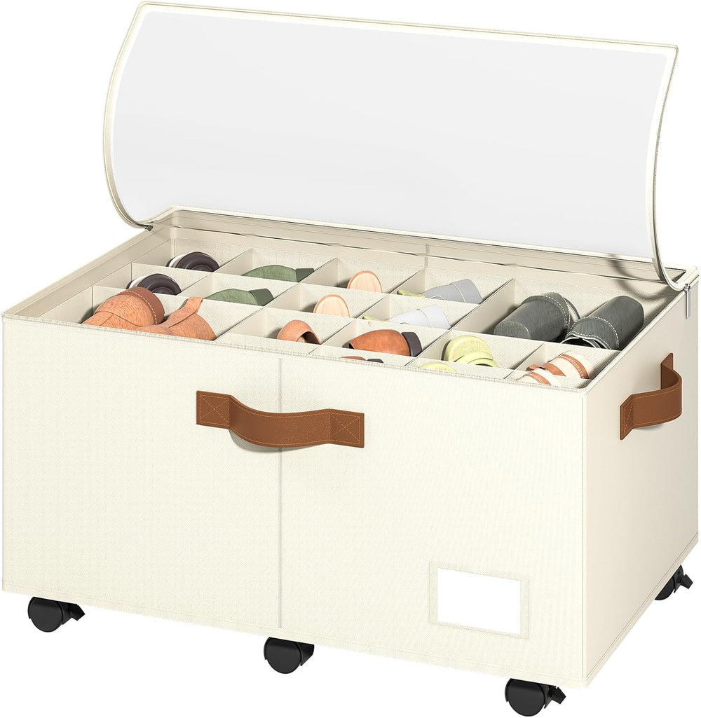 Shoe Organizer for Closet, Shoe Storage with Wheels, Beige