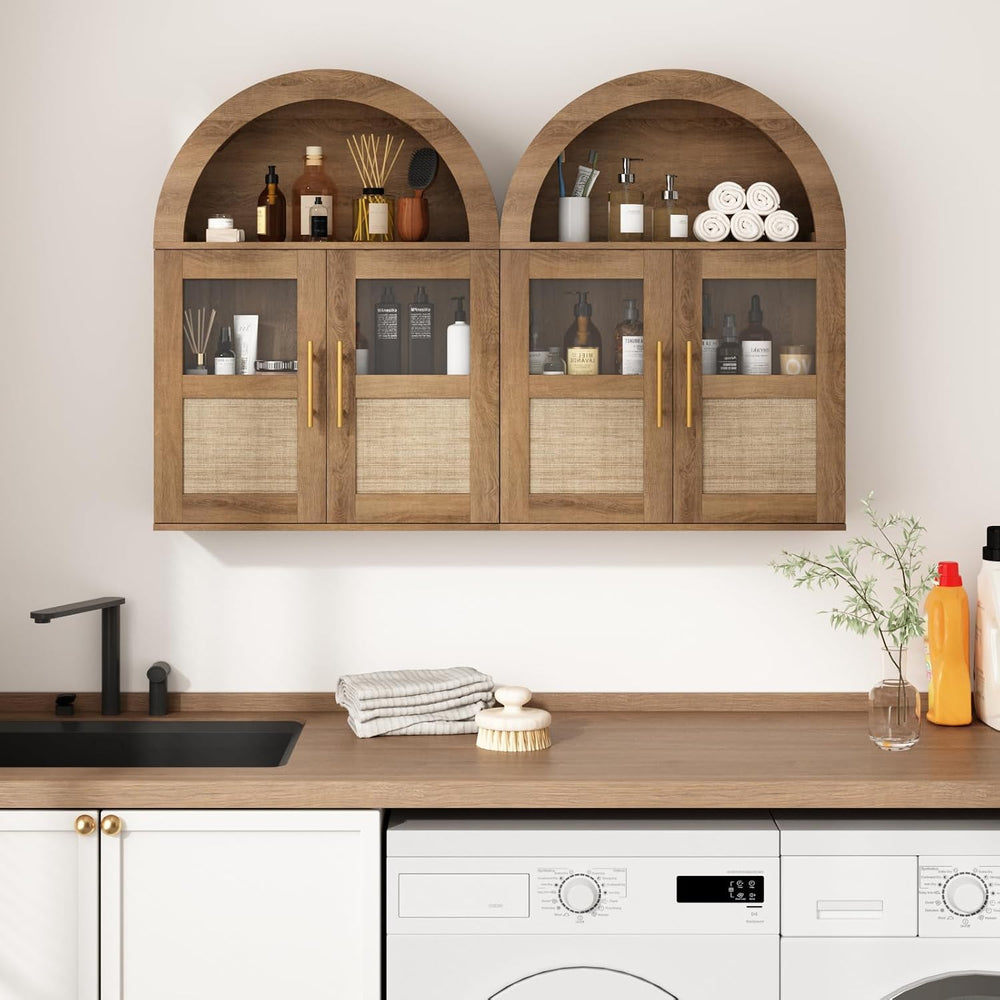 RUSTOWN Arched Bathroom Wall Cabinet with 2 Glass & Rattan Doors