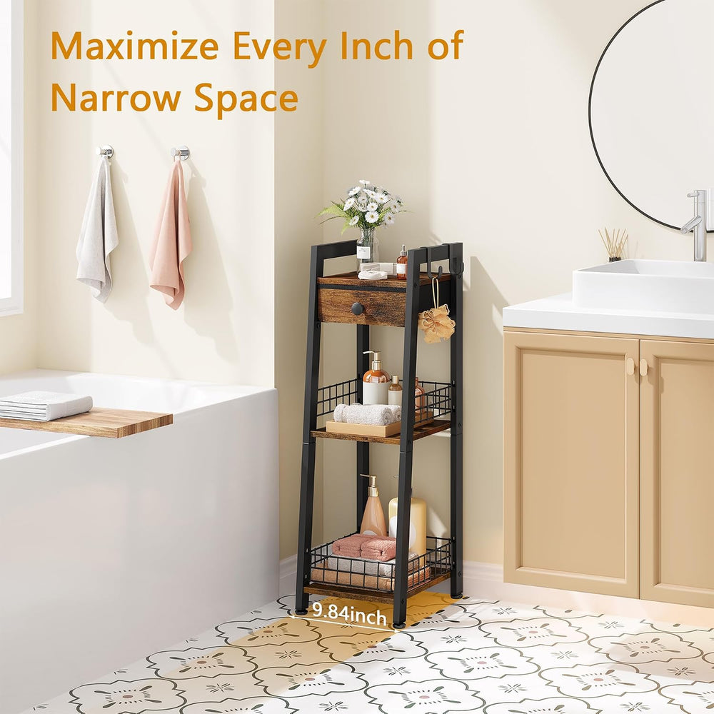 Narrow Bathroom Ladder Shelf with Drawer, 3-Tier, Rustic Brown