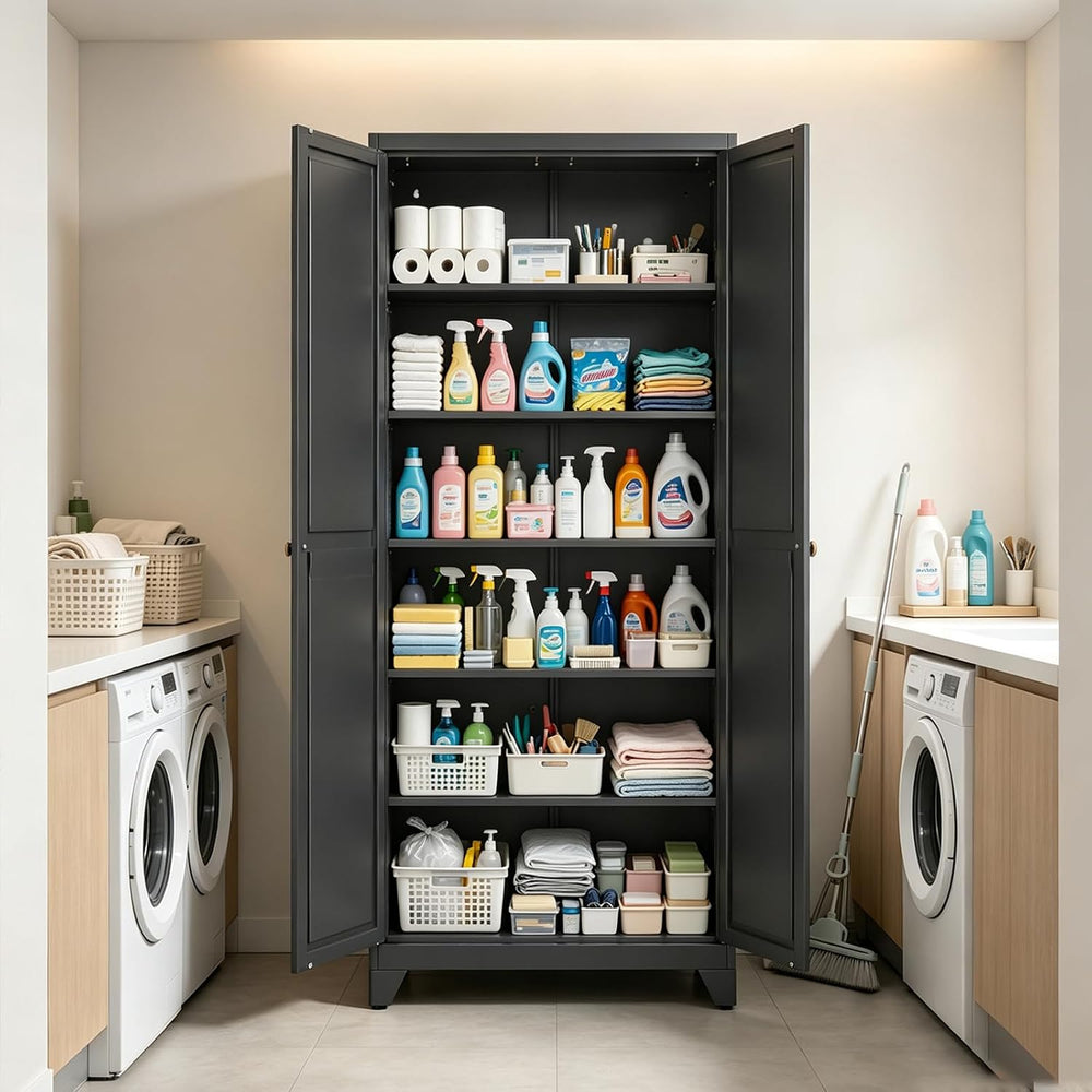 75" Metal Kitchen Pantry Cabinet with 5 Adjustable Shelves & Doors