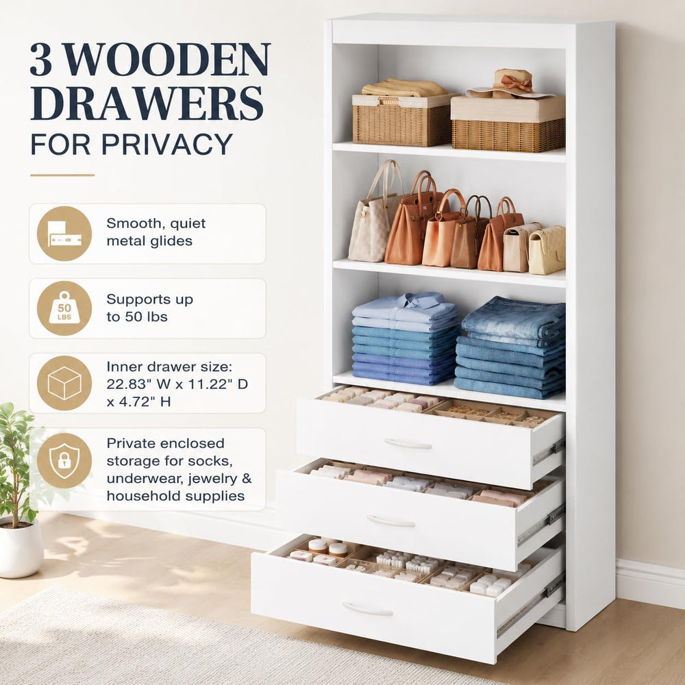 24"W Modular Closet Organizer System with 3 Drawers & Shelves