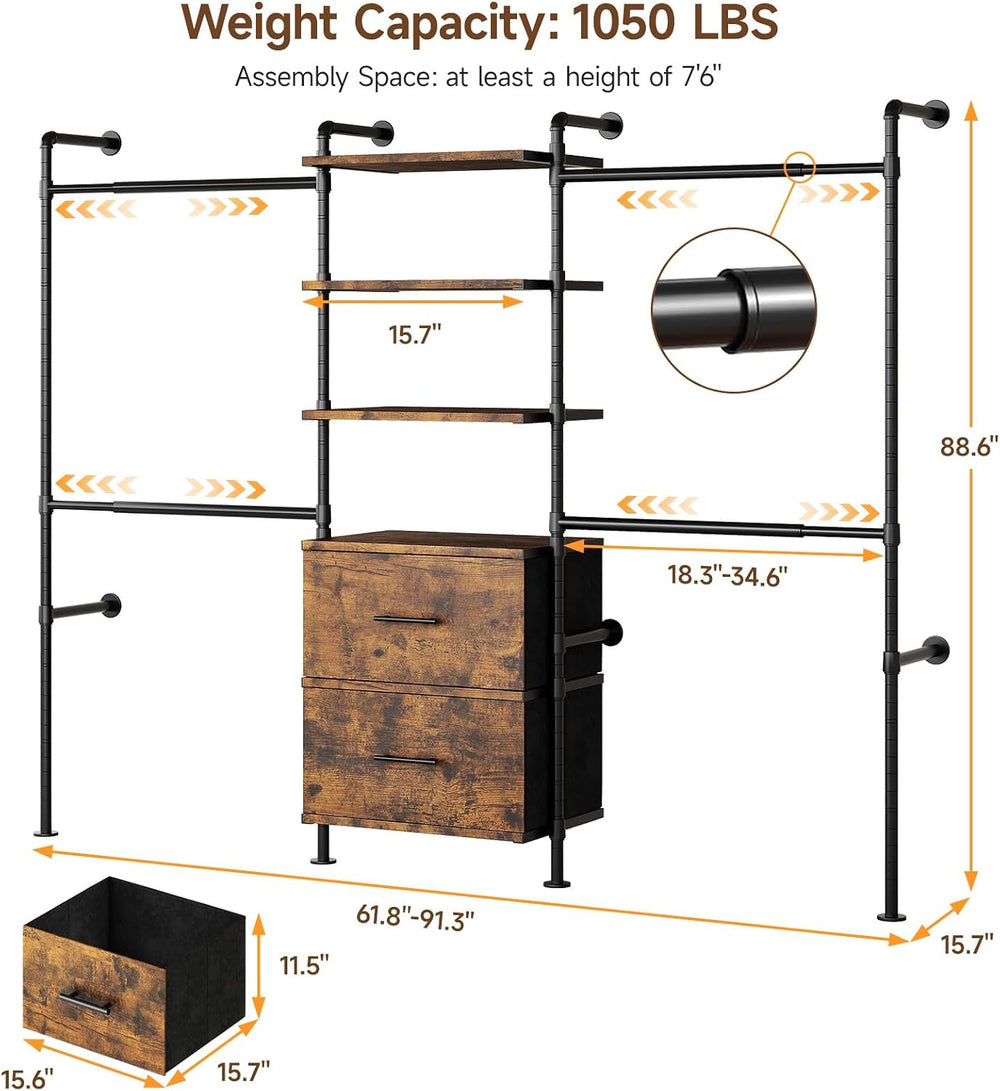 ONBRILL T3 Wall Mounted Industrial Pipe Closet Organizers Storage System