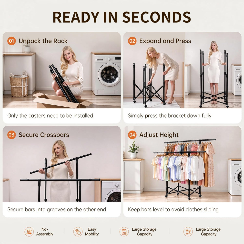 No-assembly Clothes Rack,Double Rod 59-Inch Rolling clothing rack