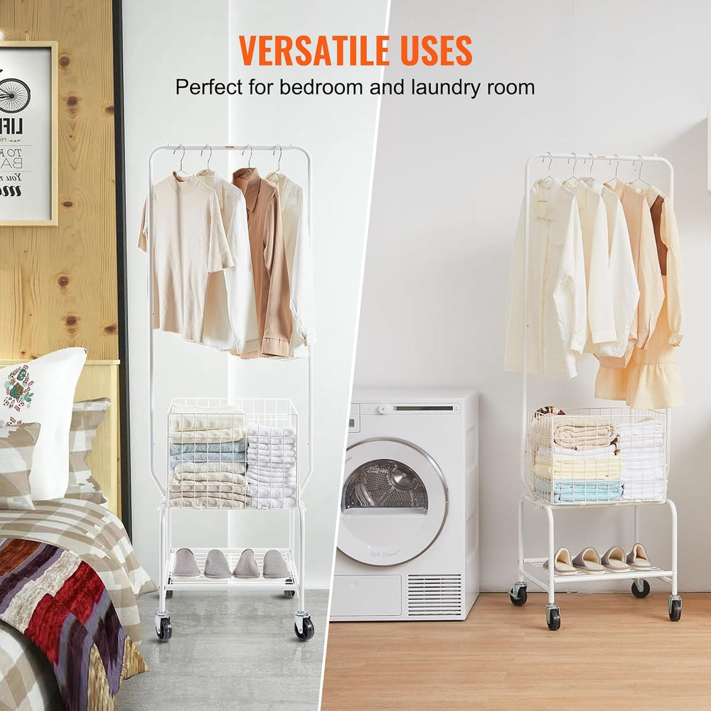 VEVOR Metal Rolling Laundry Basket with Hanging Garment Rack, Laundry Hamper ...