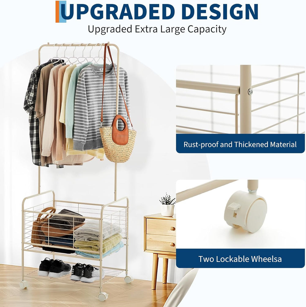 Laundry Cart with Hanging Clothes Rack, Rolling Laundry Cart with Storage Bas...
