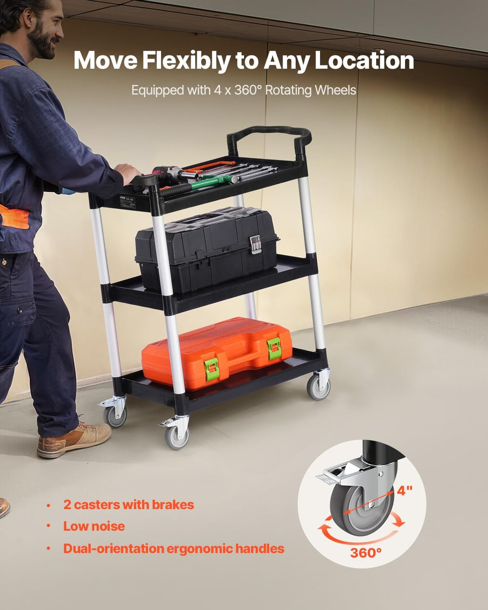 VEVOR Utility Cart, 300 lbs Load Capacity, 3-Tier Utility Plastic Cart with 3...