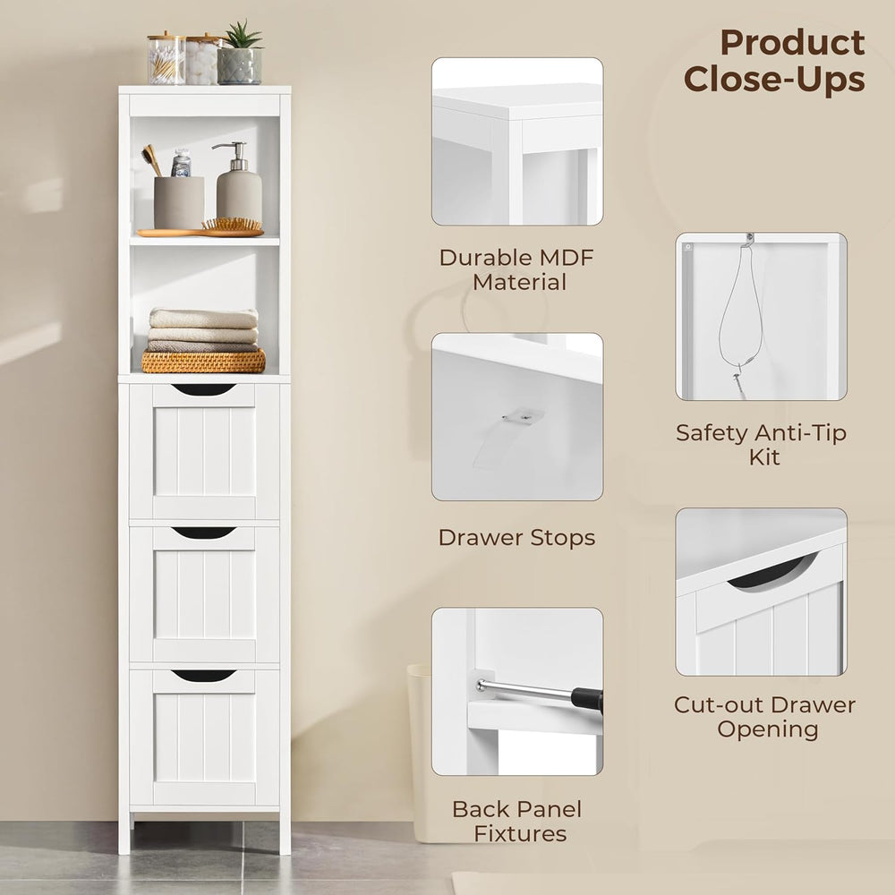Yaheetech 56" Tall Narrow Bathroom Storage Cabinet with 3 Drawers, White