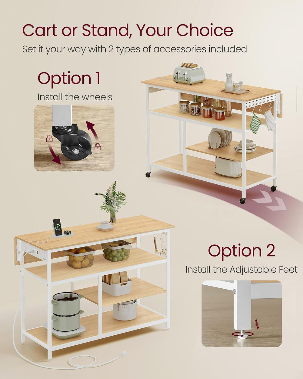 VASAGLE Kitchen Island with Drop Leaf, Power Strip, Pegboard, 47.2" Width