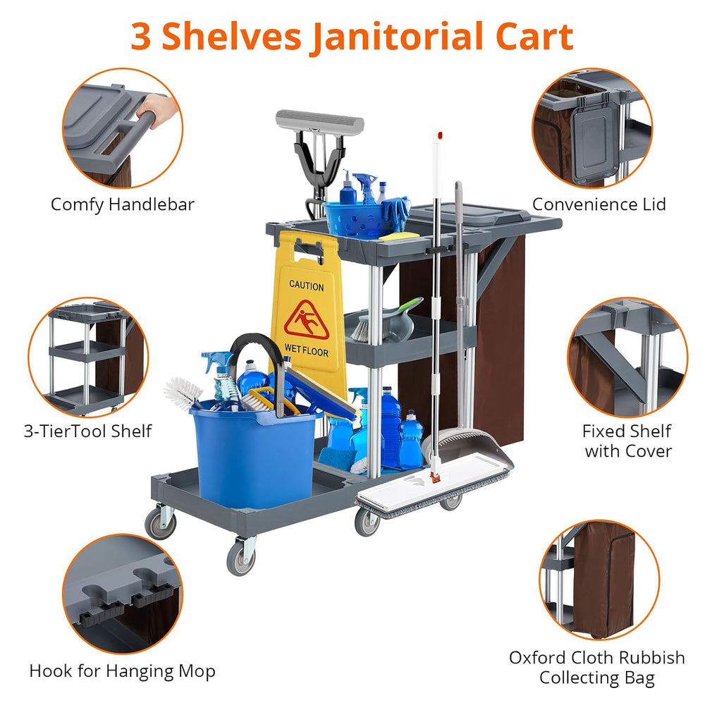Commercial Janitorial Cleaning Cart on Wheels - Black Housekeeping Caddy with...