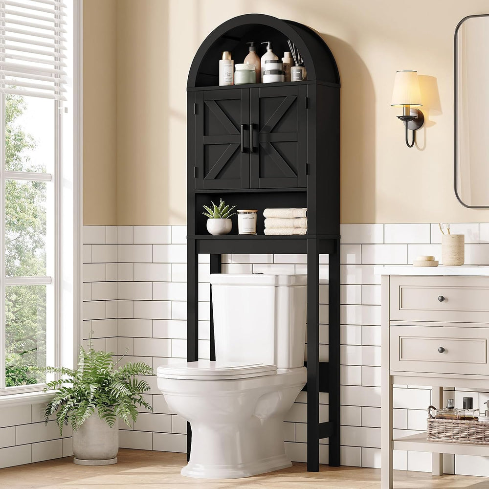 Arched Over The Toilet Storage Cabinet with Barn Doors, Bathroom Shelf