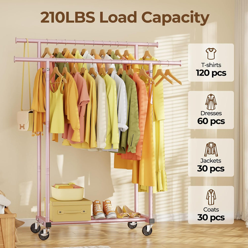 HYSEYY Double Rods Clothes Rack, Sturdy Rolling Clothing Rack, Portable Cloth...
