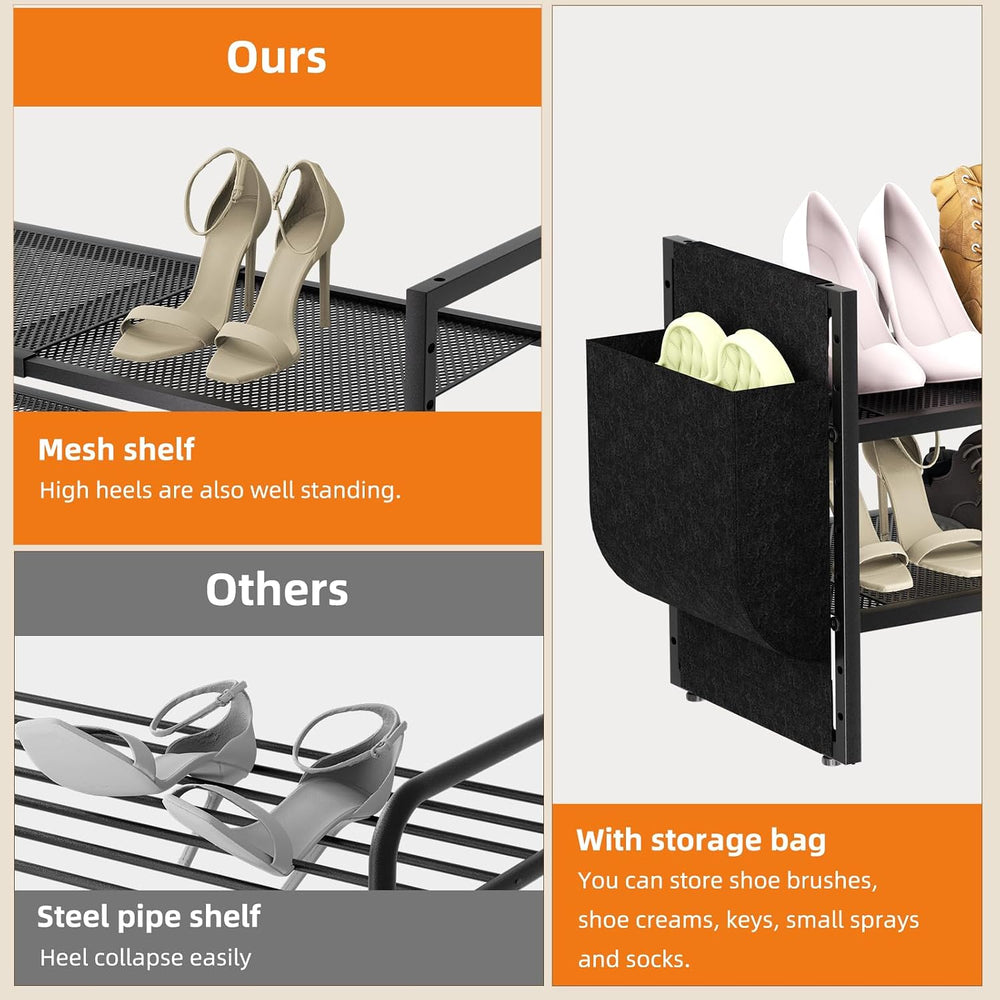 Shoe Rack with Side Pocket, Expandable 2-Tier Mesh Shoe Organizer for Closet,...
