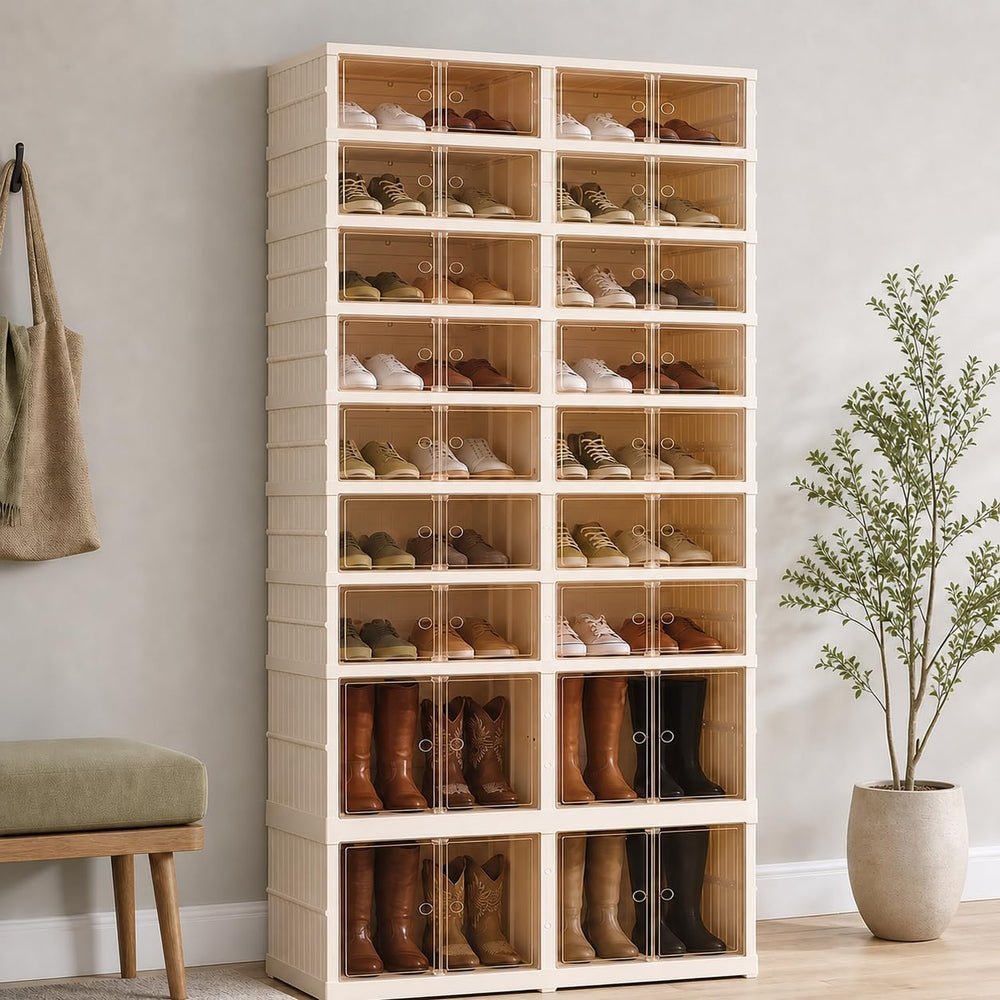 Extra Wide Foldable Shoe Rack with Clear Doors, 9-Tier Shoe Organizer