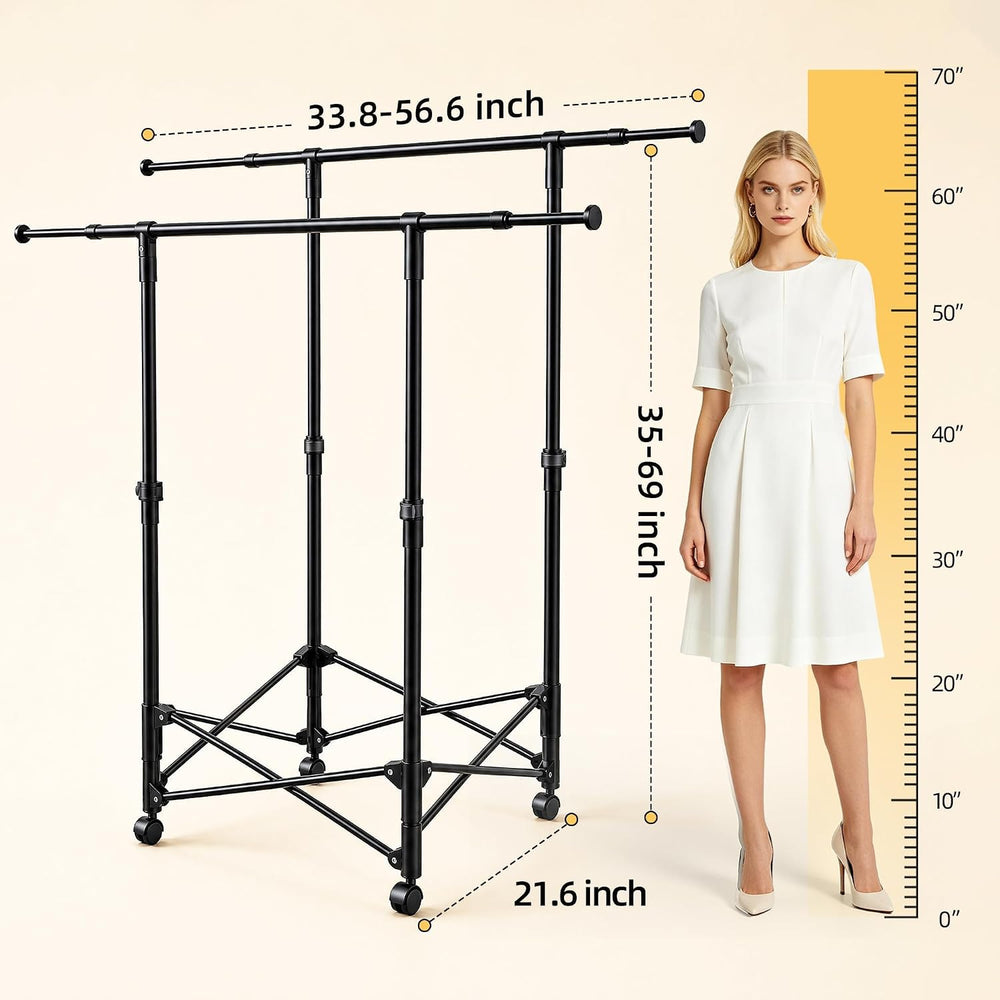 No-assembly Clothes Rack,Double Rod 59-Inch Rolling clothing rack