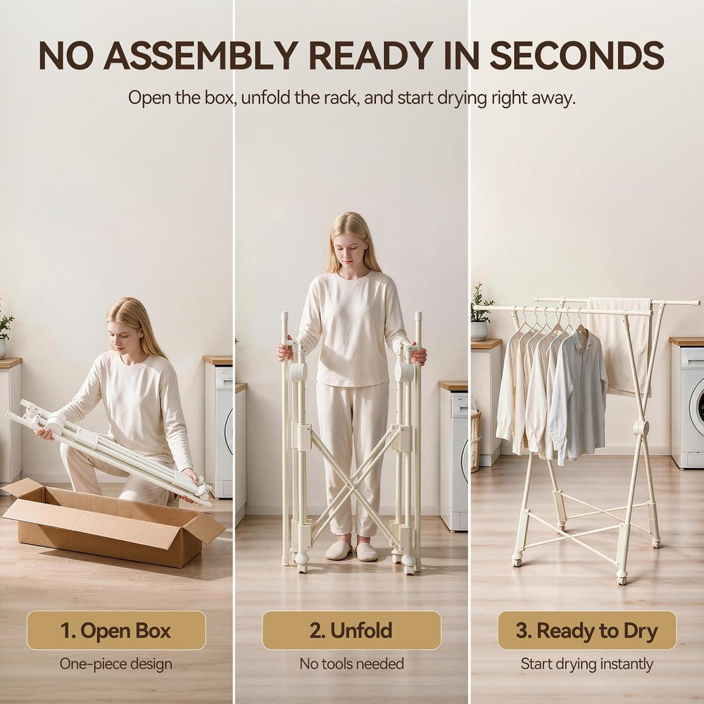 SUJI Clothes Drying Rack , Dual Rod with Wheels, Cream White Foldable