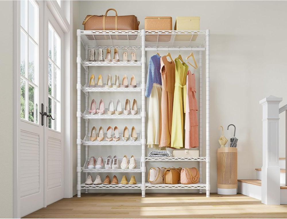 VIPEK S20 7-Tiers Shoe Rack with Hanging Rod, Metal Closet Organizer, White