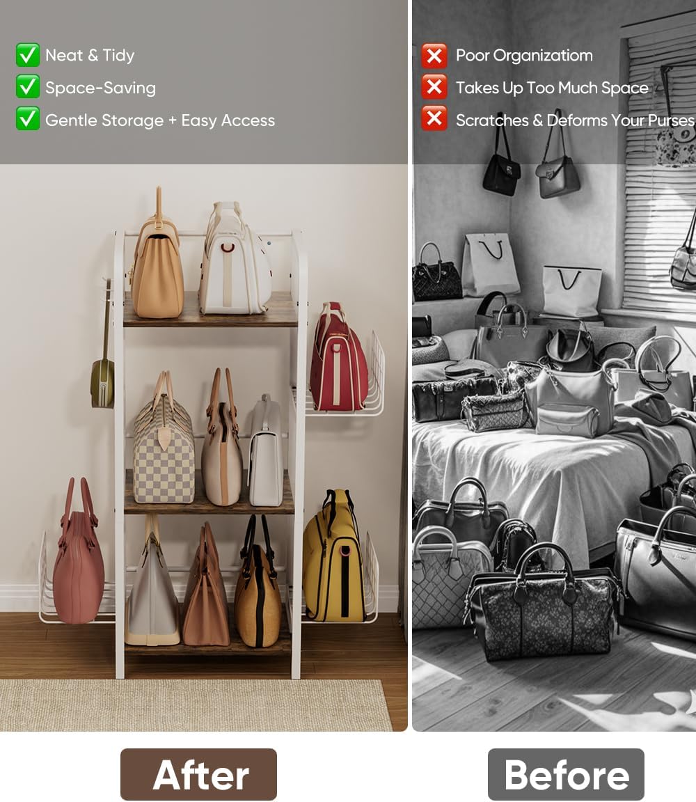 3-Tier Purse Organizer Rack, Iron & Wood Floor-Standing Bag Storage Holde...
