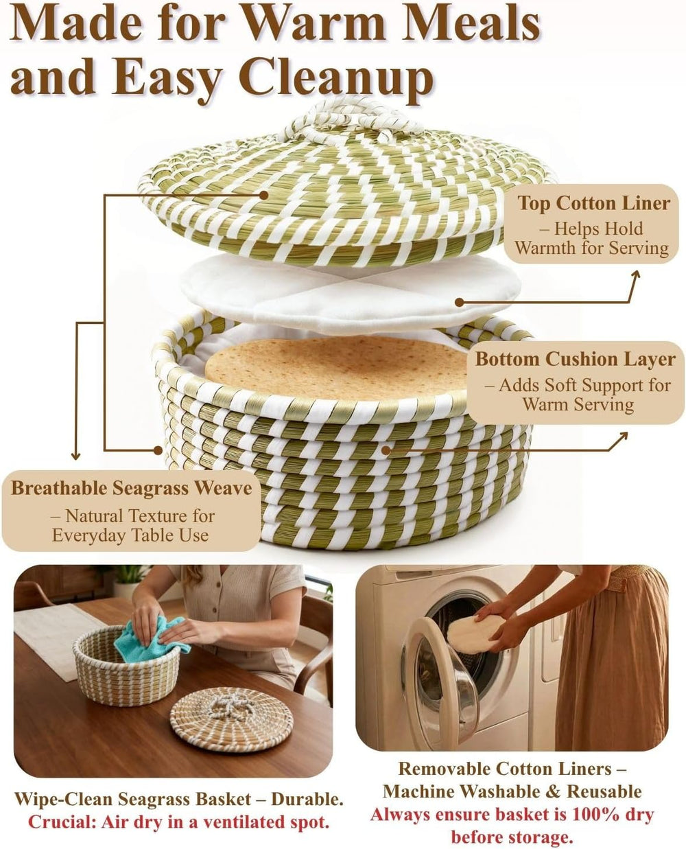 Handwoven Seagrass Tortilla Warmer Basket with Lid, 9.6" Breathable Natu...