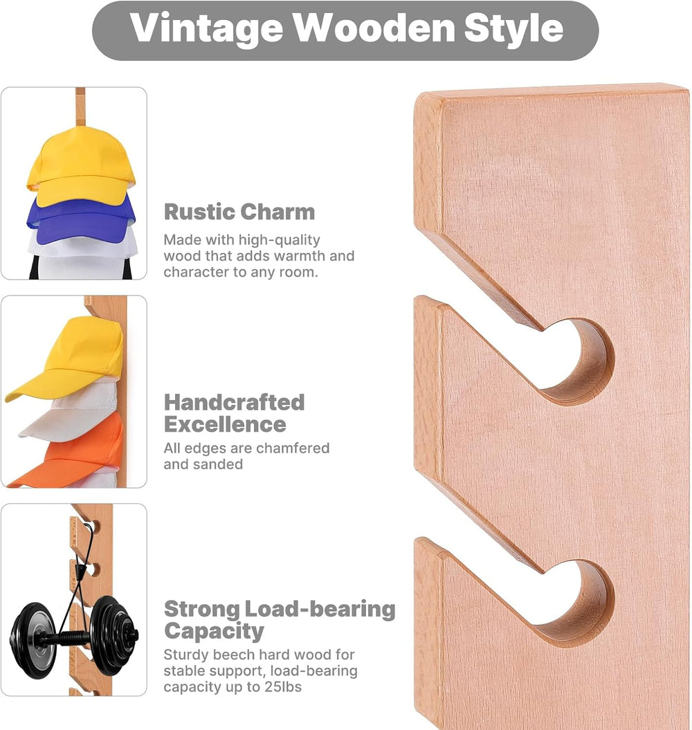 3 Pack Beech Wood Hat Rack for Wall – 10 Hooks Baseball Cap Organizer | Verti...
