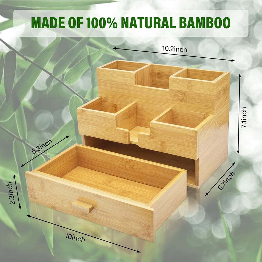 Bamboo Desk Organizer - Countertop Drawers Organizer Tabletop Storage Organiz...