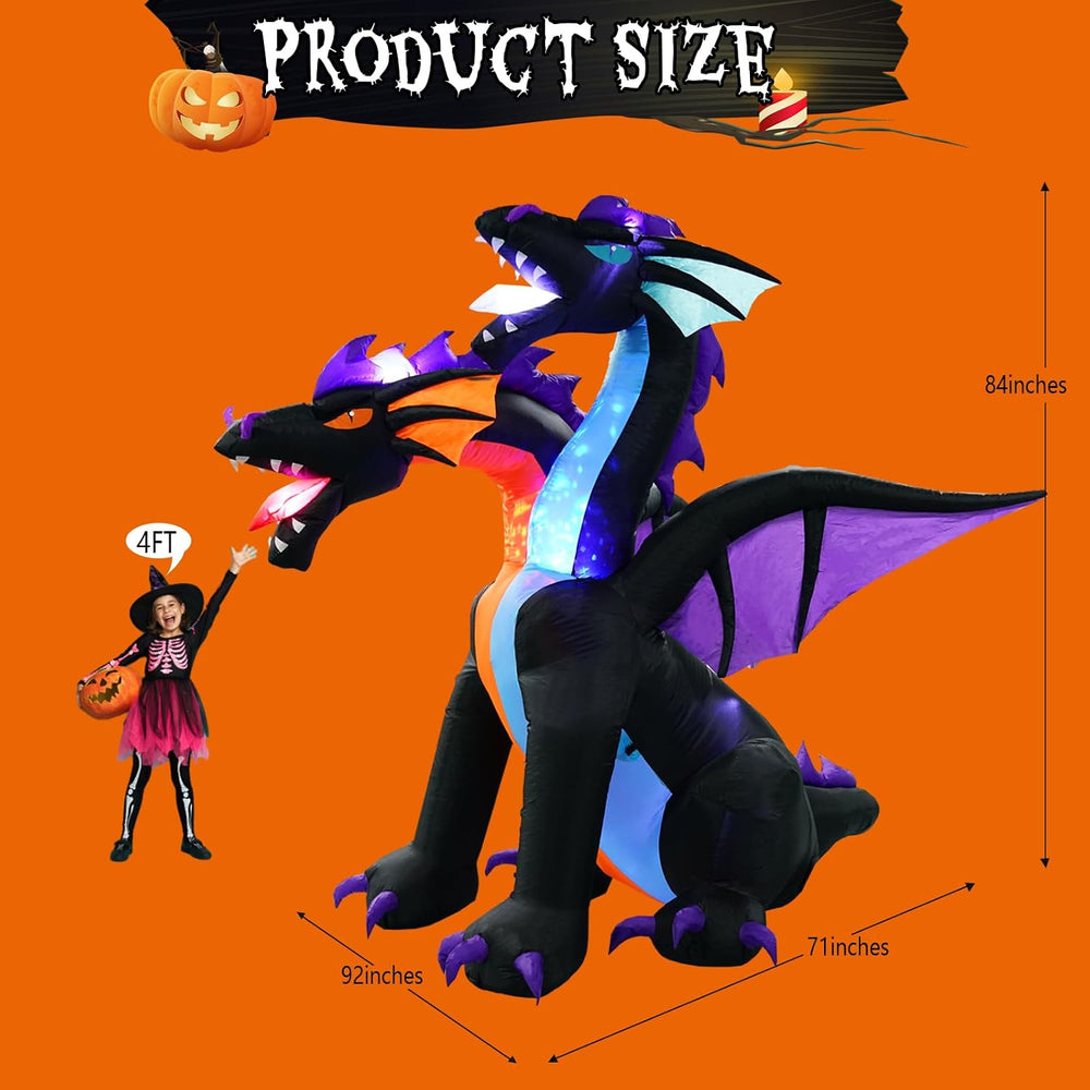 7FT Tall Halloween Inflatables Dragon with 2 Heads, Fire and Ice Blow Up Drag...