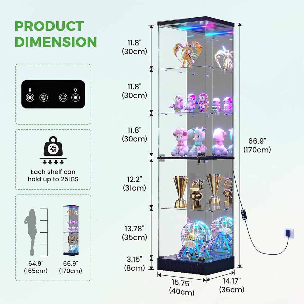 HNEBC Lighted Glass Display Cabinet with Doors for Collectibles,Black