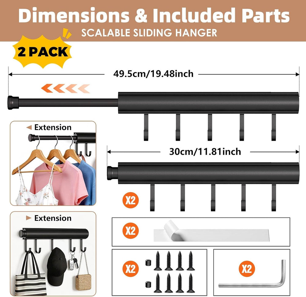 Pisman Valet Rod for Closet Pull Out 12 Inch with 5 Hooks - Black 2 Pack