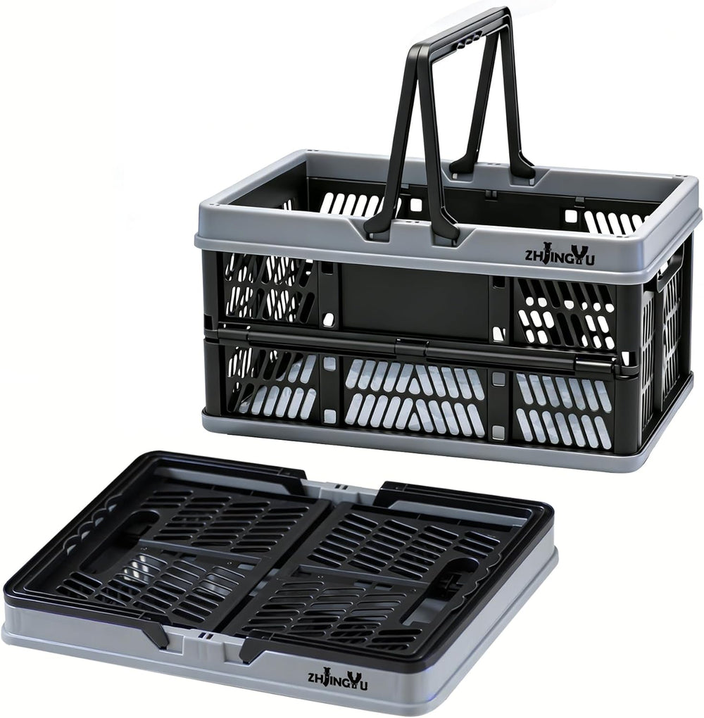 20L Plastic Basket with handles,2-pack Black Collapsible crates for storage