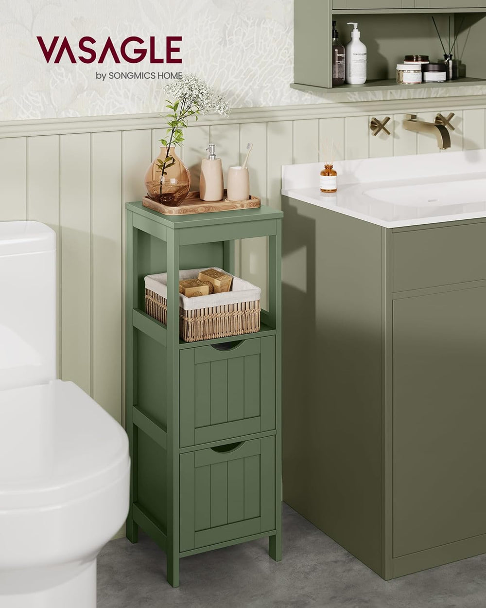 VASAGLE Bathroom Floor Cabinet, 2 Drawers, 35" H, Forest Green
