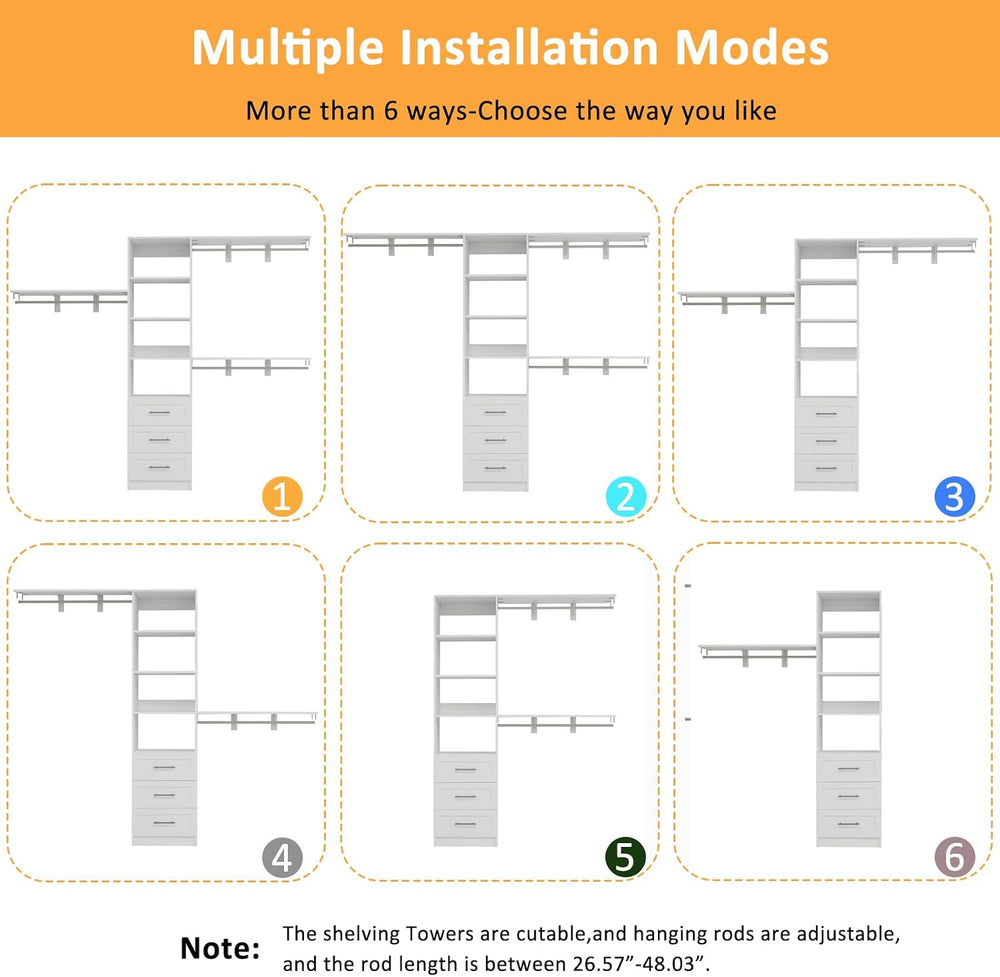 Closet System with Drawers, 5-8FT Closet Organizer Systems with Expandable Ha...