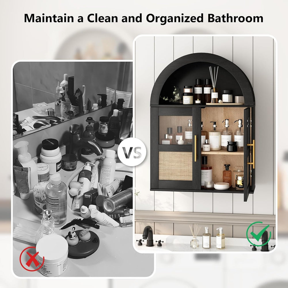 RUSTOWN Arched Bathroom Wall Cabinet with 2 Glass & Rattan Doors