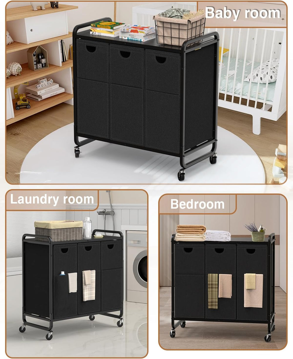 Laundry Sorter 3 Section,Laundry Basket with Wheels,3×15.8 Gal (60L) Black