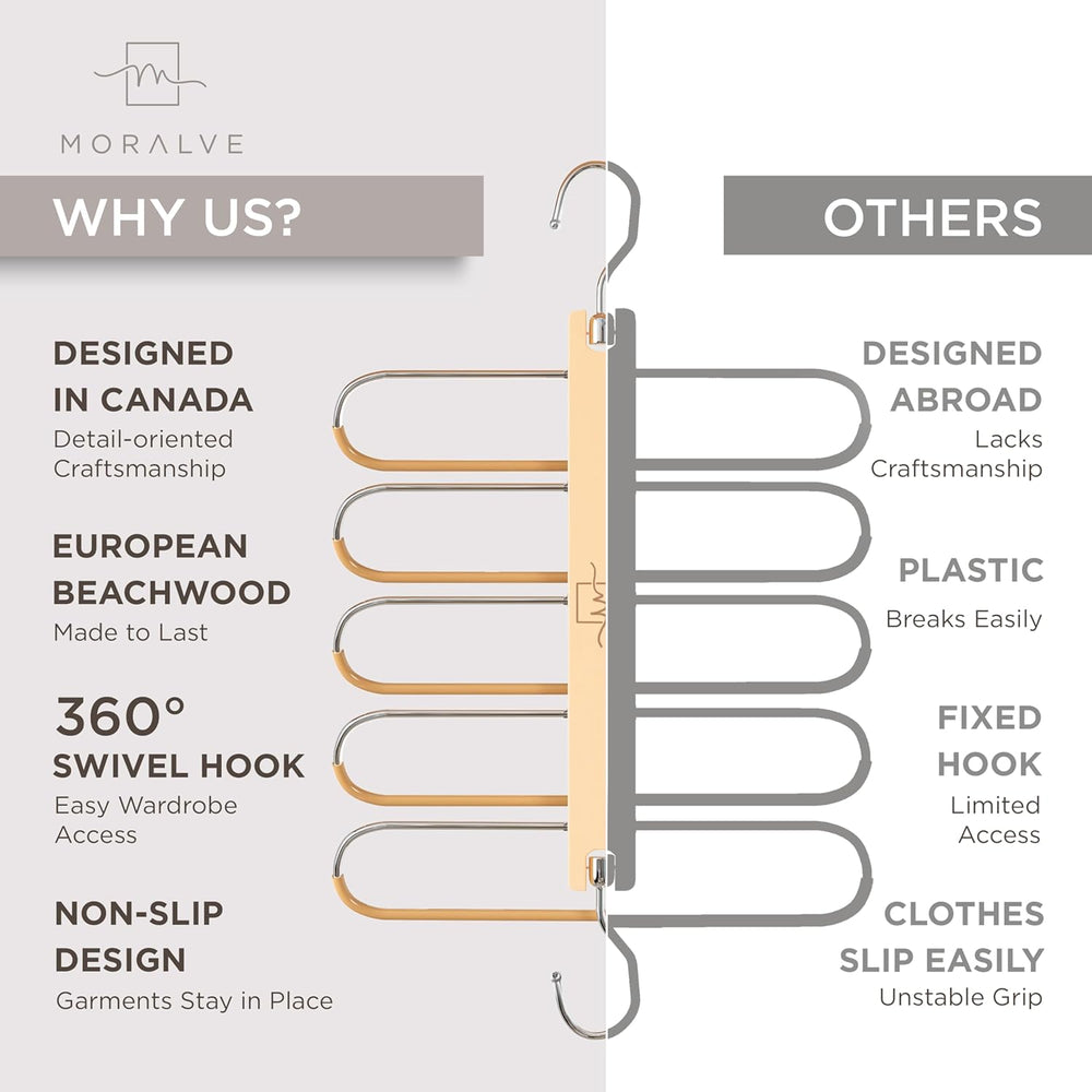 MORALVE Pants Hangers Space Saving - 4 Pack European Beechwood Scarf and Jean...