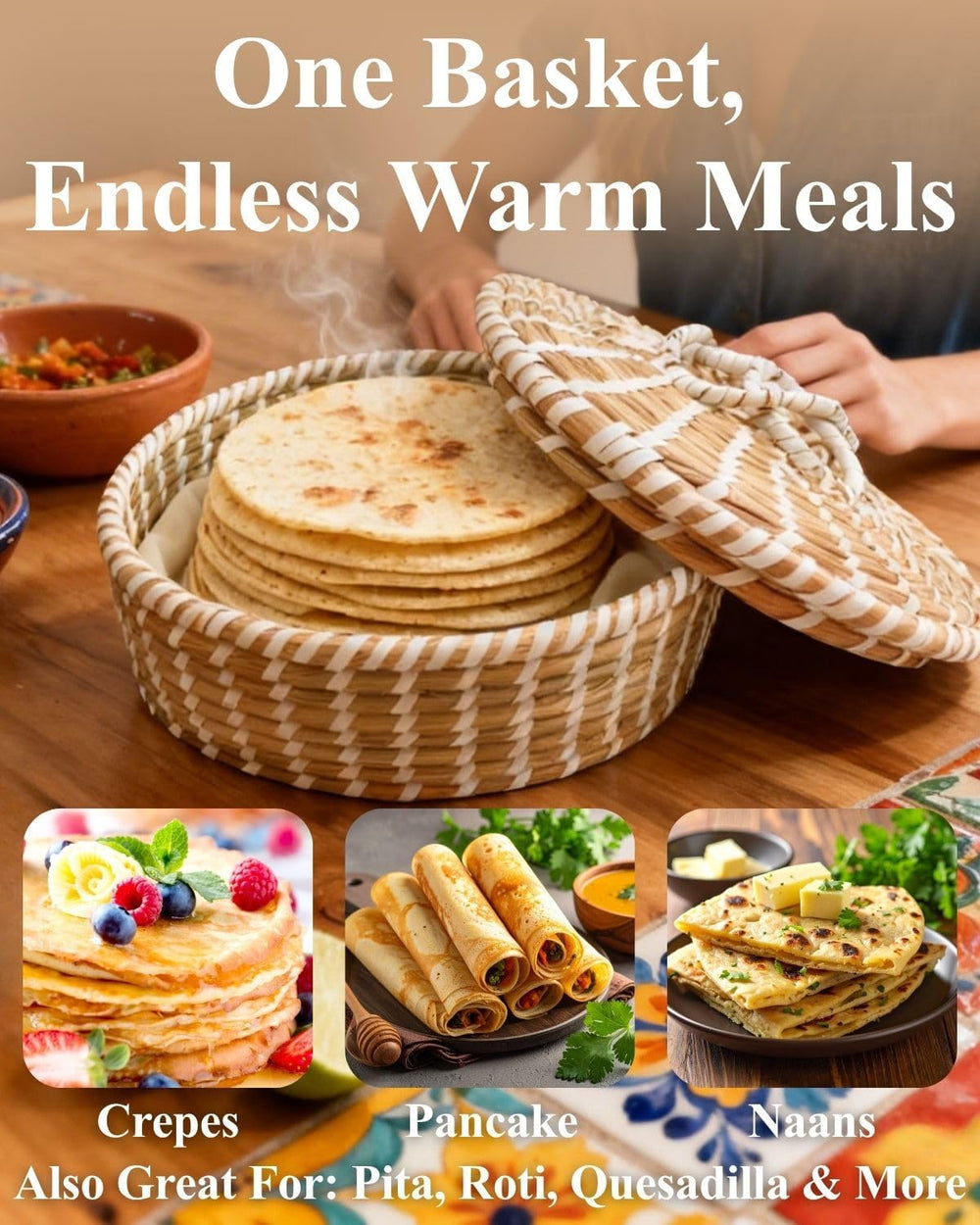 Handwoven Seagrass Tortilla Warmer Basket with Lid, 9.6" Breathable Natu...