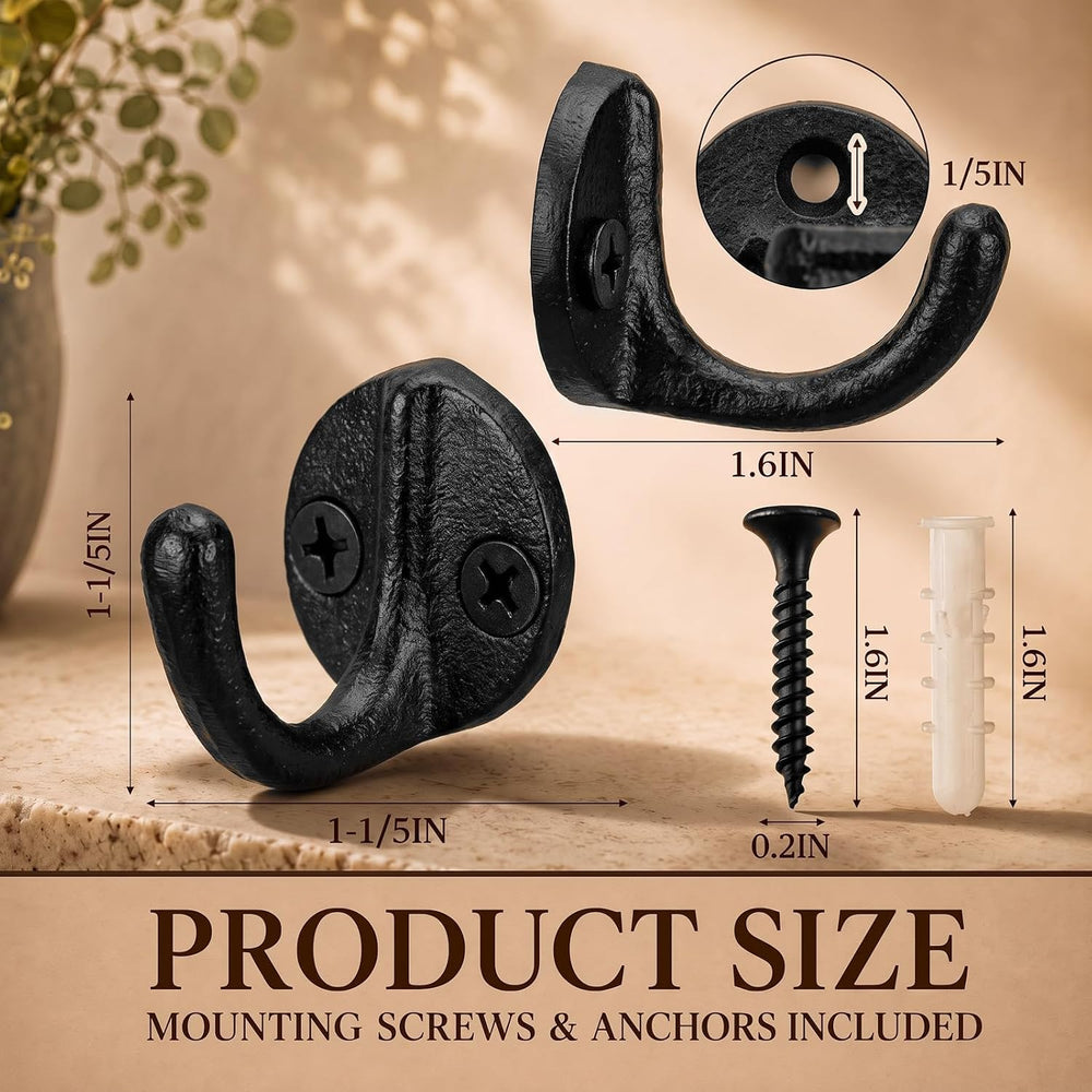 Duraaamo 12 Pcs Rustic Cast Iron Coat Hooks 1.6 x 1.1 in Heavy Duty, Black