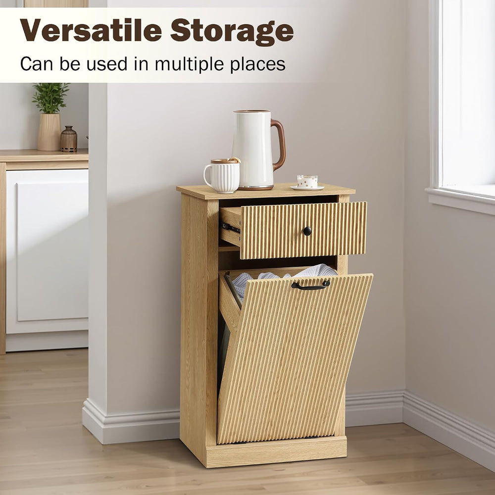 Wood Laundry Basket Cabinet, Hidden Trash Can Cabinet with Drawer, Versatile ...