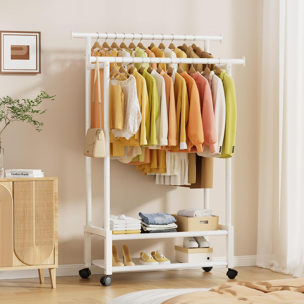 Double Rod Clothing Rack with 2 Shelves, Rolling, White