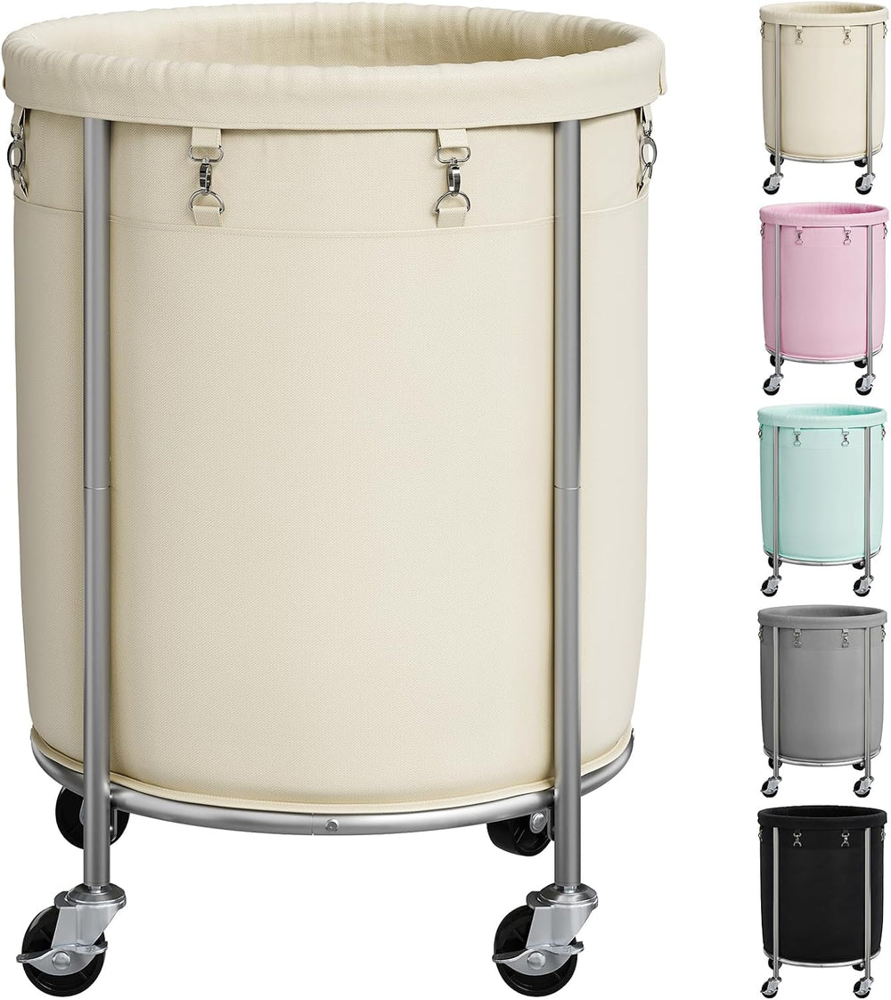 ELYKEN 190L Laundry Basket with Wheels, Steel Frame, Removable Bag, Cream