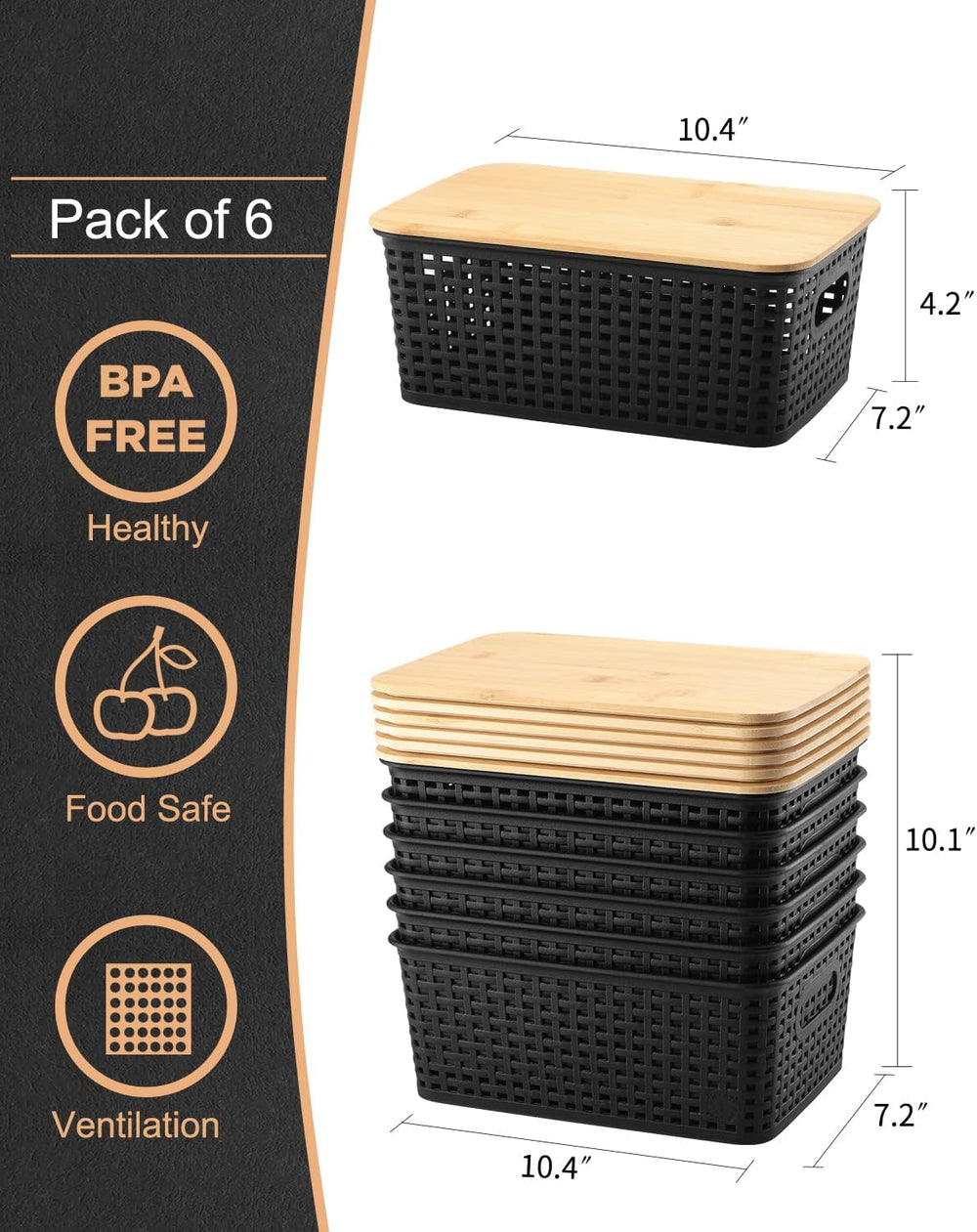 AREYZIN Storage Bins with Bamboo Lids Set of 6 Lidded Storage Container Plast...