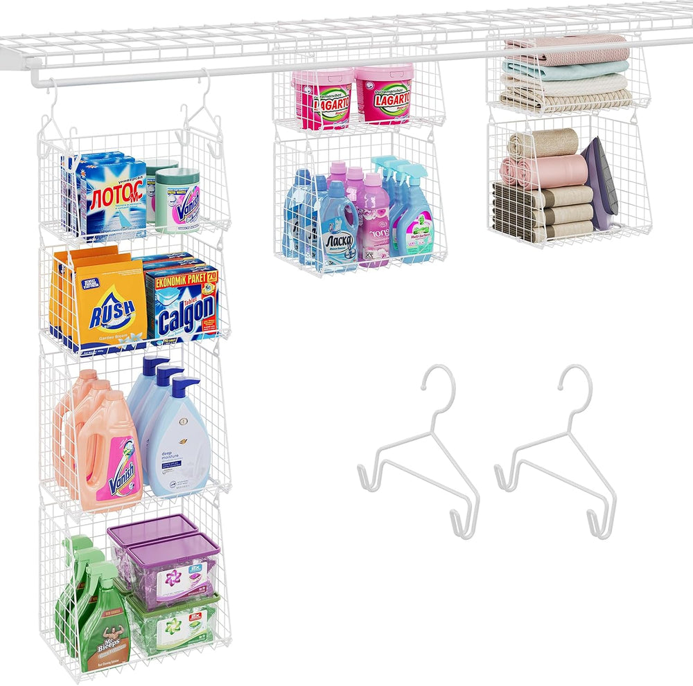 4-Tier Hanging Laundry Room Organizer: Foldable Wire Shelf Basket with 2 Larg...