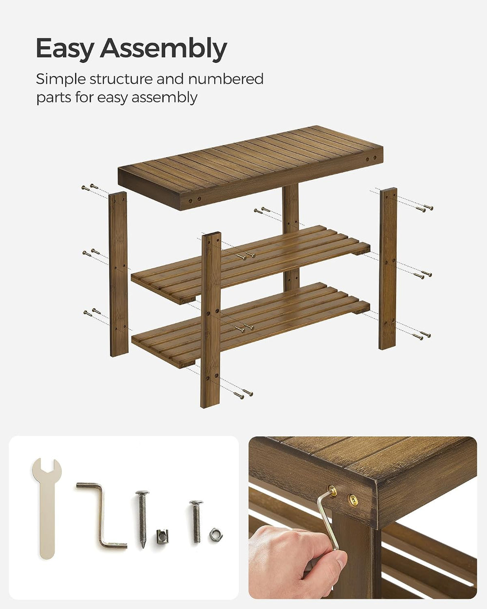 SONGMICS Shoe Rack Bench, 3-Tier Bamboo Entryway Bench, 27.6 Inches Width