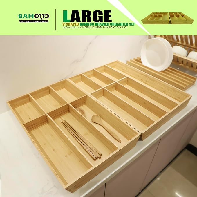 V-Shaped Extra Large Bamboo Drawer Organizer Set of 2, Kitchen Cutlery Tray
