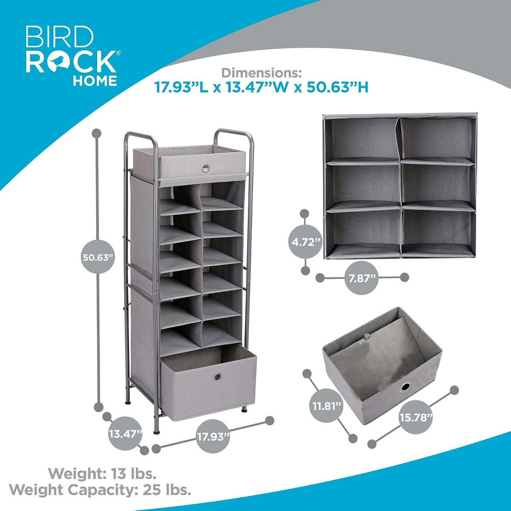 BIRDROCK HOME 12 Cubby Vertical Shoe Rack Organizer with Large Drawer - Grey ...